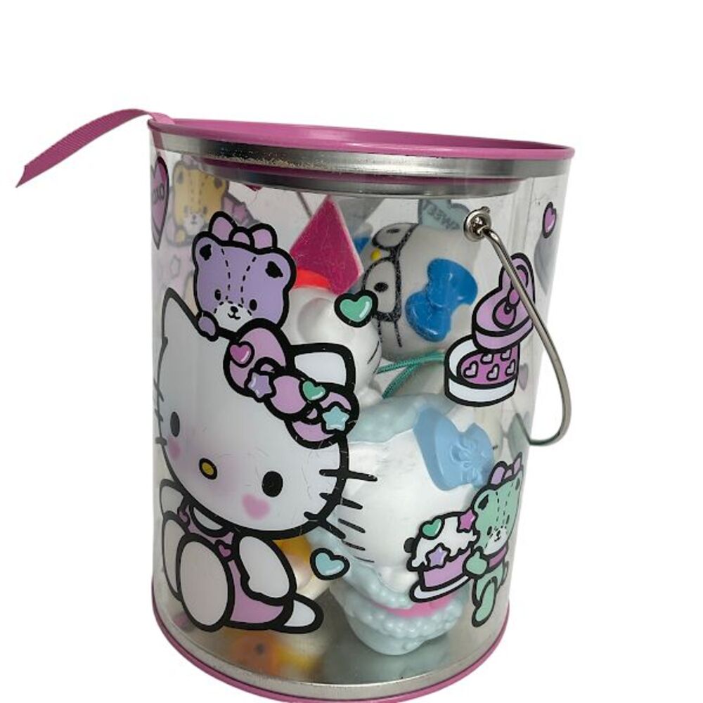 Sanrio Hello Kitty Coin Bank Tin Bucket With 6 Happy Meal Toy Figures Lot